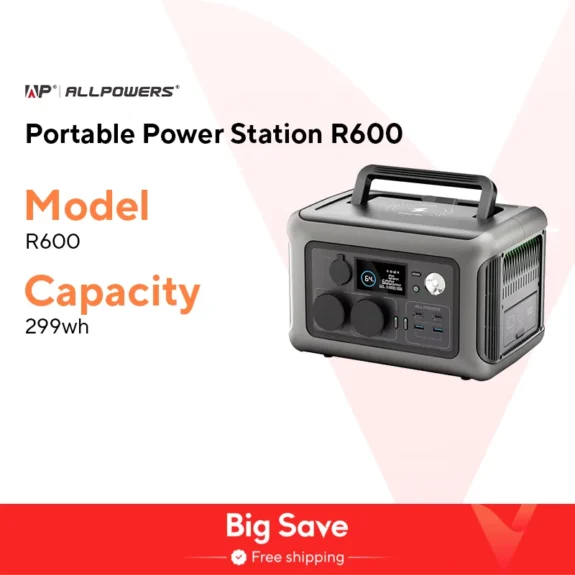 ALLPOWERS Portable Power Station R600, 299Wh LiFeP04 Battery with 2x 600W (1200W Surge) AC Outlets for Outdoor Camping RV Home