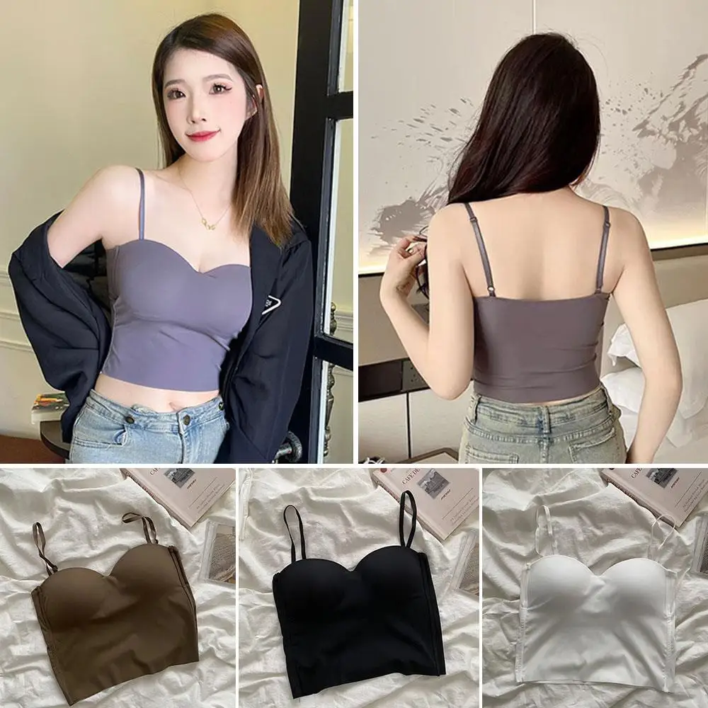 Women Crop Tops Sexy Solid Color Camisole Ice Silk Tube Top Seamless Sports Tank Top Wireless Underwear Padded Bra Bralette Vest - Image 2