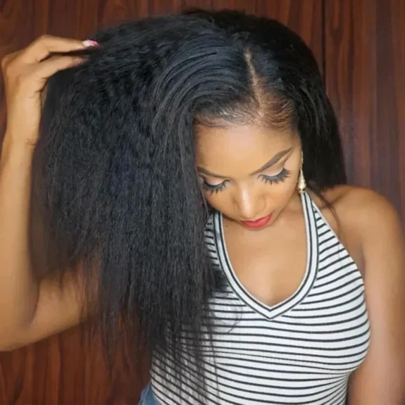 100% Human Hair Kinky Straight 13x6 HD Lace Frontal Human Hair Wig Indian Transparent Lace Front Wig For Women PrePlucked 200%