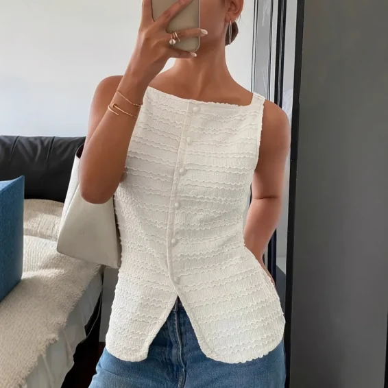 Elegant Women Solid T-Shirts Fashion Single Breasted Sexy Strap Sleeveless Button Tops Casual White Pleated Office Lady New Tees