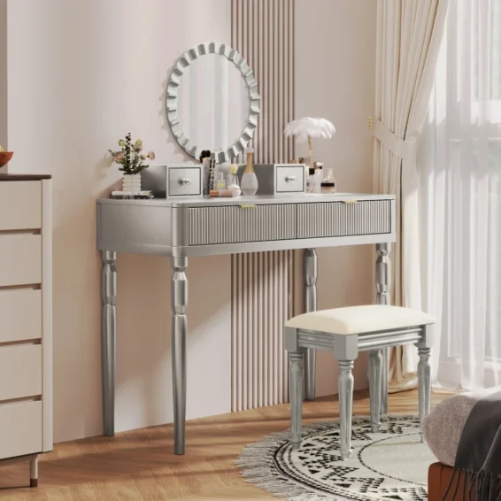Vanity Desk With Round Mirror Height-Adjustable  Stylish Dressing Table Set  4 Drawers & Stool  Siervanity-desk