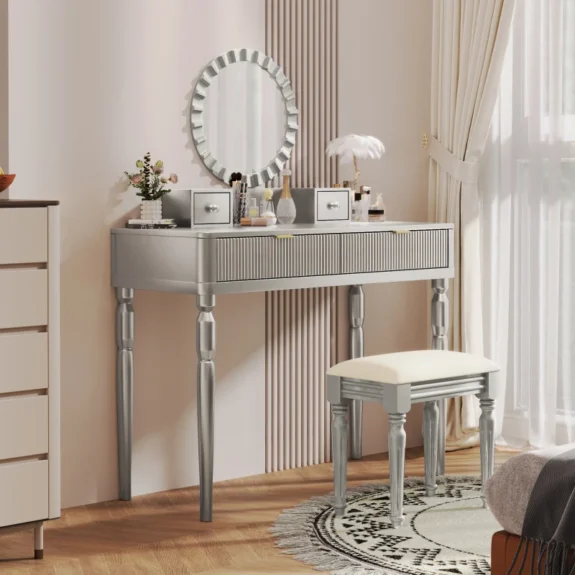 Vanity Desk With Round Mirror Height-Adjustable  Stylish Dressing Table Set  4 Drawers & Stool  Siervanity-desk