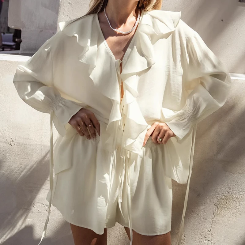 Summer Holiday Long Sleeve Ruffle Lace Up Chiffon Shorts Suit Women Casual V Neck Solid Loose Shorts Set 2025 Female New Outfits - Image 2