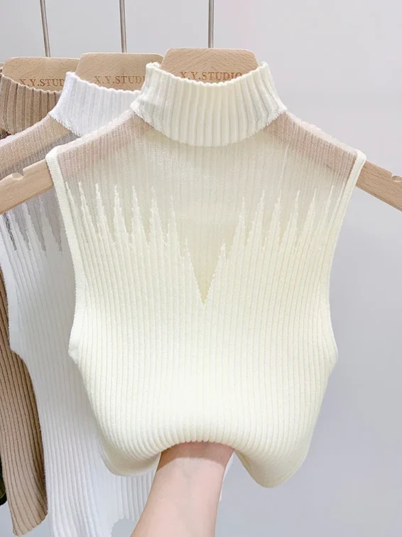 2025 Mesh Knitted Top Women Y2K Tank Top Half Neck Vest Female Sleeveless Sweater Chic Cut Out Streetwear Solid Skinny Tube Top