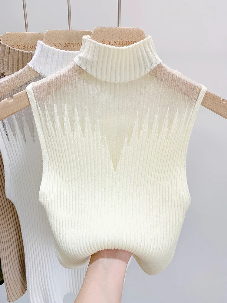2025 Mesh Knitted Top Women Y2K Tank Top Half Neck Vest Female Sleeveless Sweater Chic Cut Out Streetwear Solid Skinny Tube Top