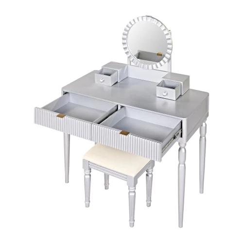Vanity Desk With Round Mirror Height-Adjustable  Stylish Dressing Table Set  4 Drawers & Stool  Siervanity-desk - Image 6