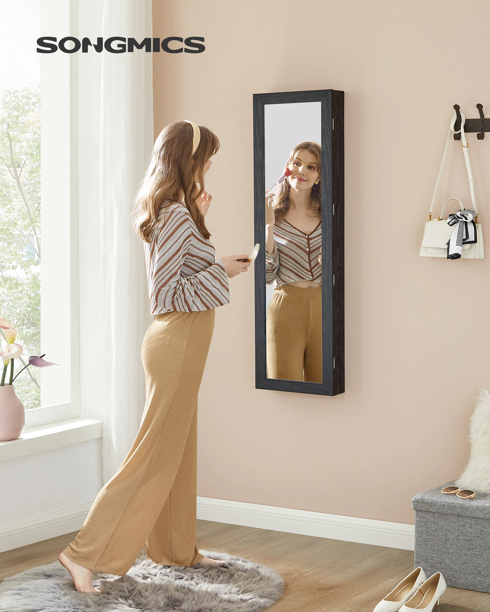 SONGMICS 6 LEDs Mirror Jewelry Cabinet, 47.2-Inch Tall Lockable Wall or Door Mounted Jewelry Armoire Organizer with Mirror - Image 2