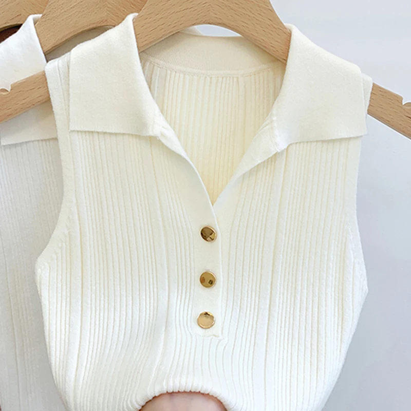 Winter Korean Fashion Sleeveless Sweaters Casual Simple Pullover Vest Casual Sexy Commuting Sweet Button Lapel Vest For Women - Image 4