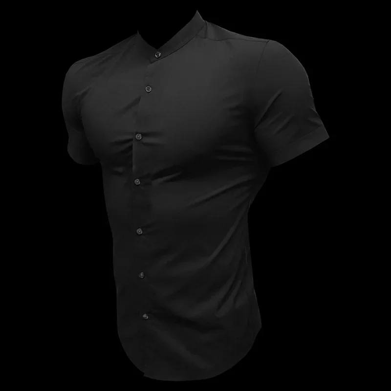 Mens Short Sleeve Shirt Summer Plain Slim Fit Dress Shirts Fitness Men Gym Clothing Fashion Casual Social Stand Business Shirts - Image 10