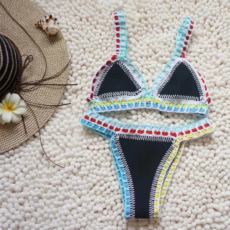 Micro Bikini 2021 Women Handmade Crochet Knit Swimwear Halter Patchwork Bathing Suit Swimsuit Biquini Thong Bikini traje de bano (Copy) (Copy) - Image 7
