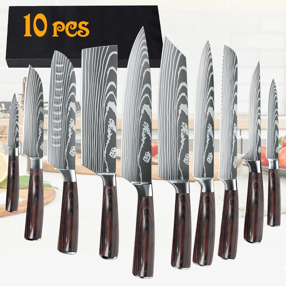 8/10pcs Gift Japanese Kitchen Knives Set Laser Damascus Pattern Chef Knife High Carbon Stainless Steel Sharp Fruit Slicing Knife - Image 8