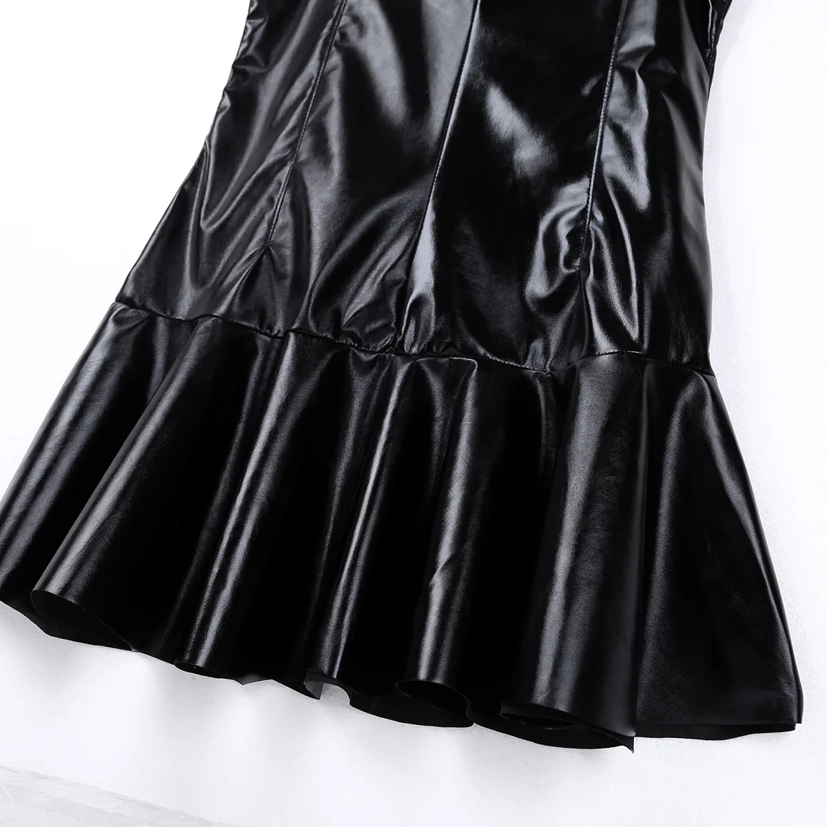Sexy Womens Ladies Latex Dresses Wet Look PU Leather High Collar Sleeveless Bottom Flare Mini Dress Pole Dance Rave Clubwear - Image 5