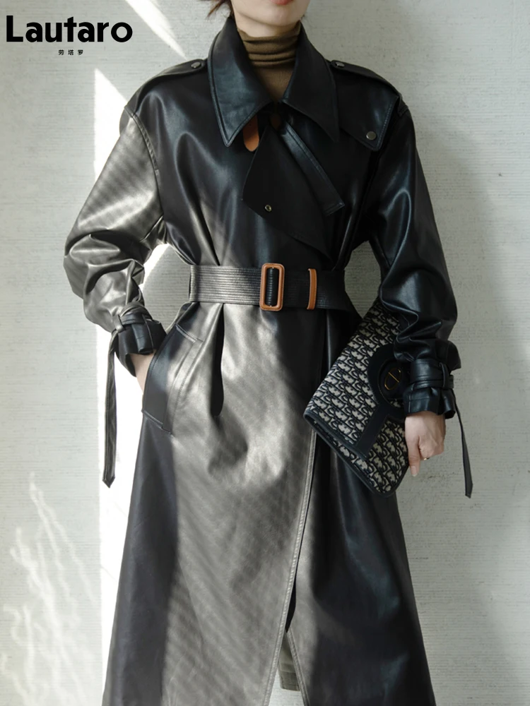 Lautaro Spring Autumn Oversized Cool Black Long Leather Trench Coat for Women Belt Long Sleeve Loose European Fashion 2021 2022 - Image 3