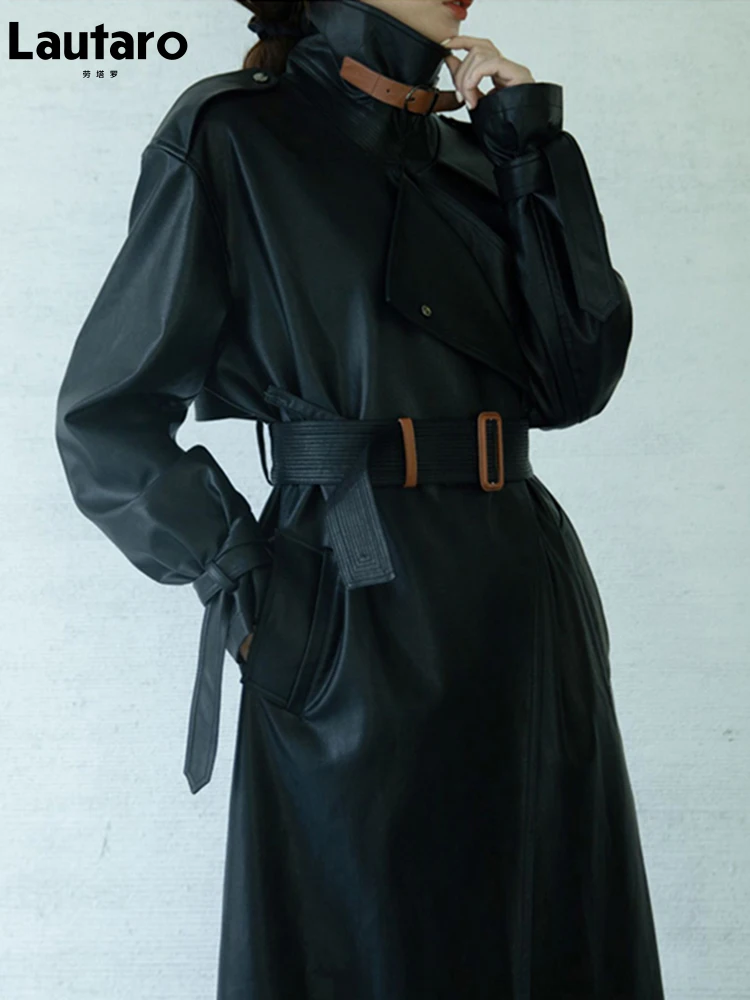 Lautaro Spring Autumn Oversized Cool Black Long Leather Trench Coat for Women Belt Long Sleeve Loose European Fashion 2021 2022 - Image 2