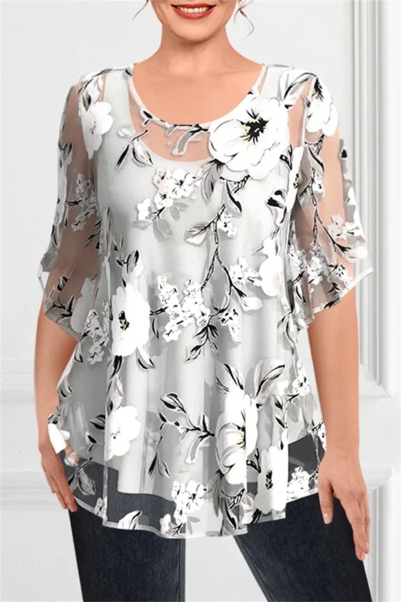 Size Women's Dressy Black Chiffon See-Through Floral Print Two Pieces Blouse--