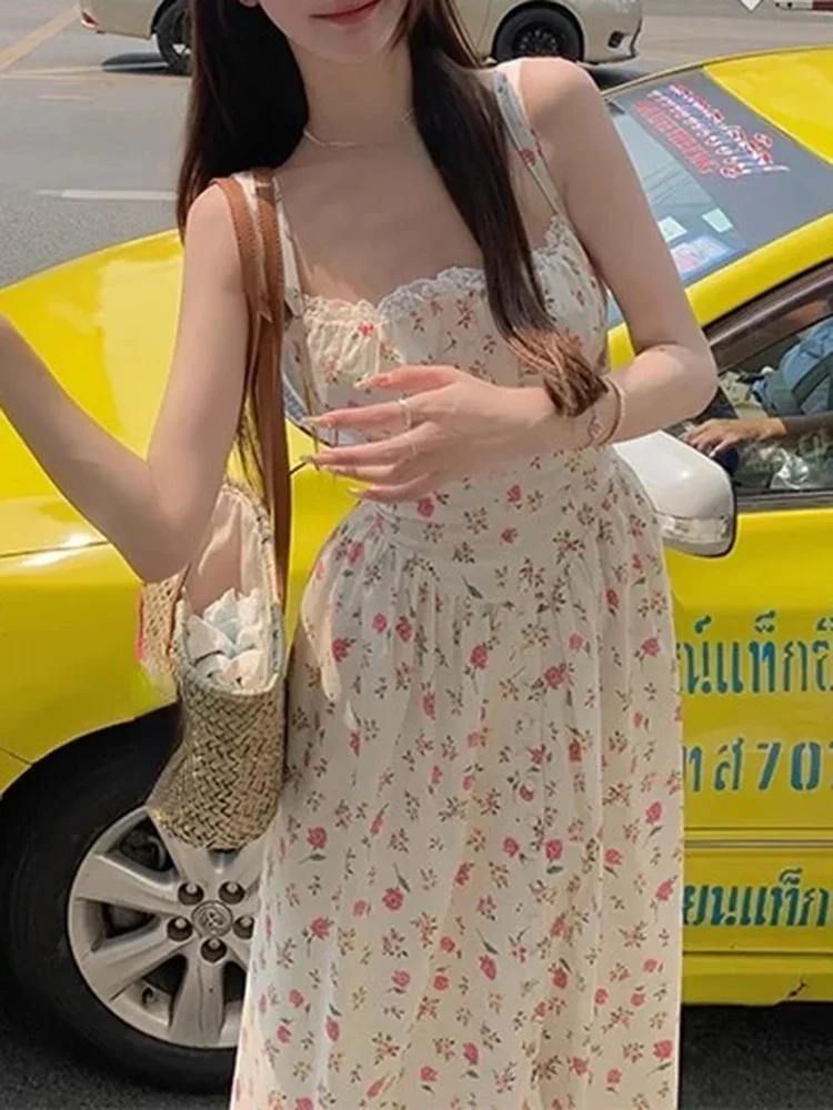 Elegant Women's Retro Printed Medium Length Dress Summer Fashion Beach Party Y2k Slim Fit Women Versatile Lace Suspender Dress - Image 5