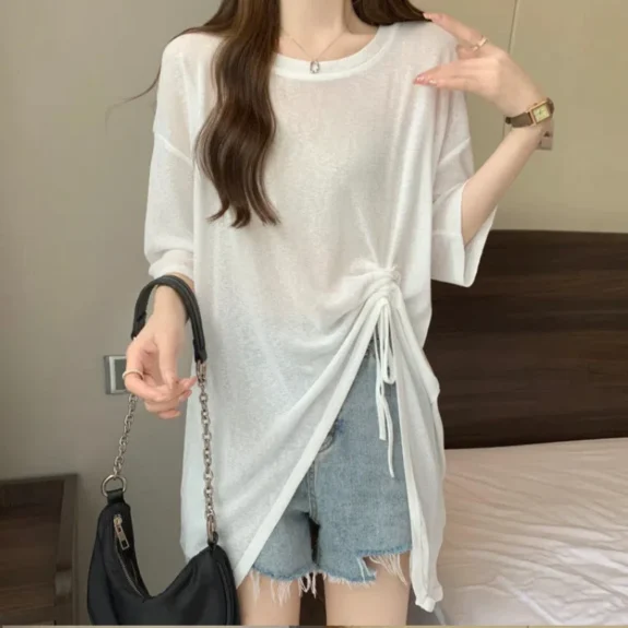 Plus Size Irregular Street Casual Tops Summer Women Clothing Short Sleeve Drawstring Fashion T Shirts Korean Trend Women Clothes