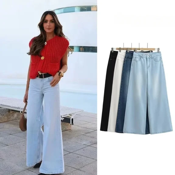 TRAFZR Women's Denim Pants Baggy Jeans Y2k Vintage Flared Wide New Low Waist Rise Oversize Pant Harajuku Fashion Woman Trousers