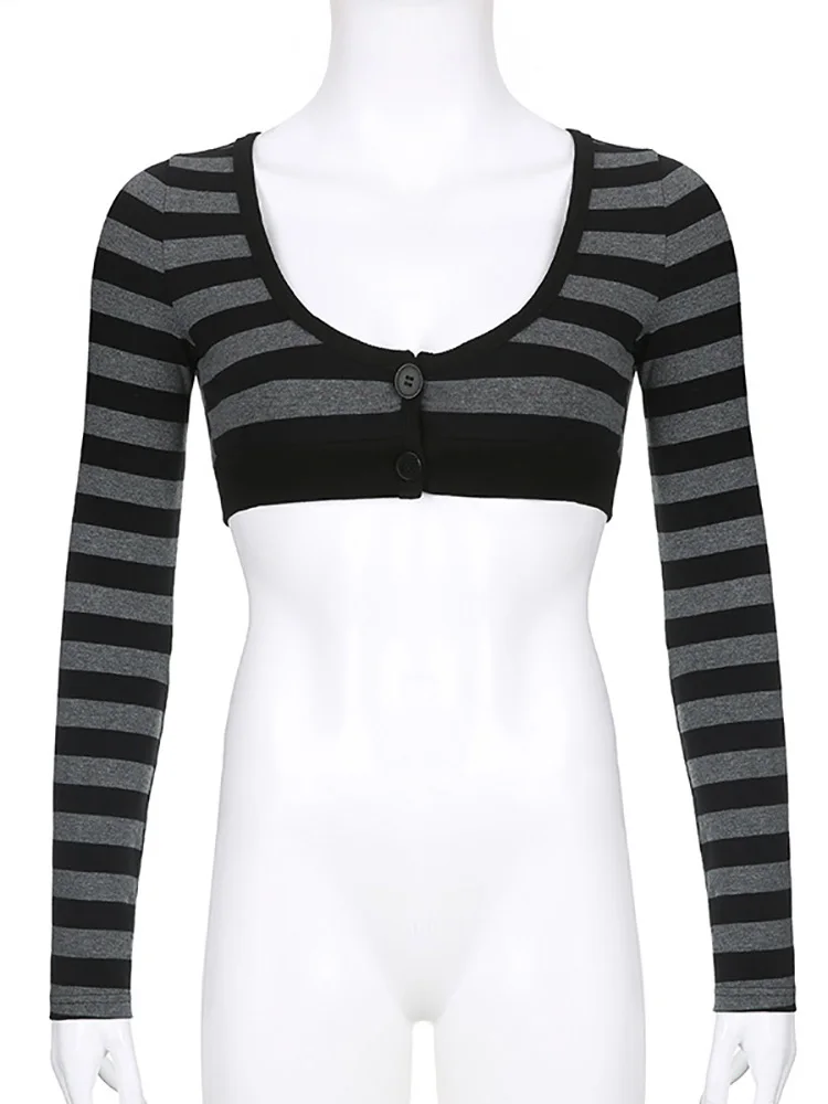 ALLNeon Y2K Grunge Punk Grey Striped Print Long Sleeve Cropped Tops Mall Gothic Streetwear U-neck Button Up Sexy T-shirts Slim - Image 5