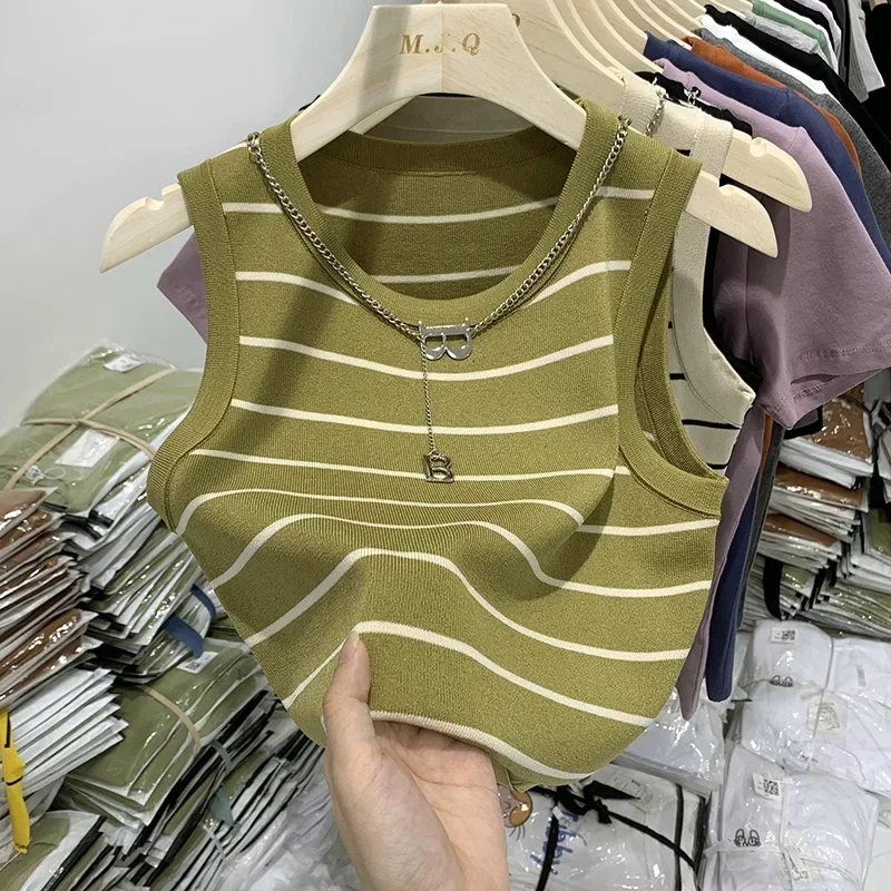 2025 Basic Bottoming Striped Chain Elasticity Vests Women Tank & Camis Summer Wild Crop Short Tops New - Image 3