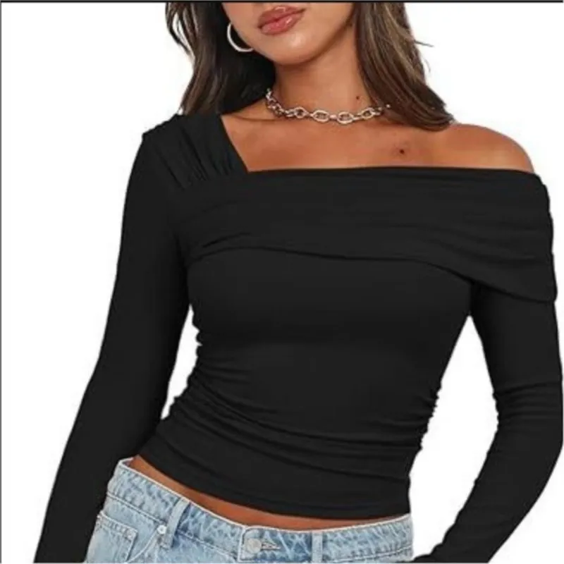 Fashionable Casual Women's Solid Color Single Shoulder Long Sleeved Top With Pleats For Outdoor Wear Slim Fit Y2K T-shirt Autumn