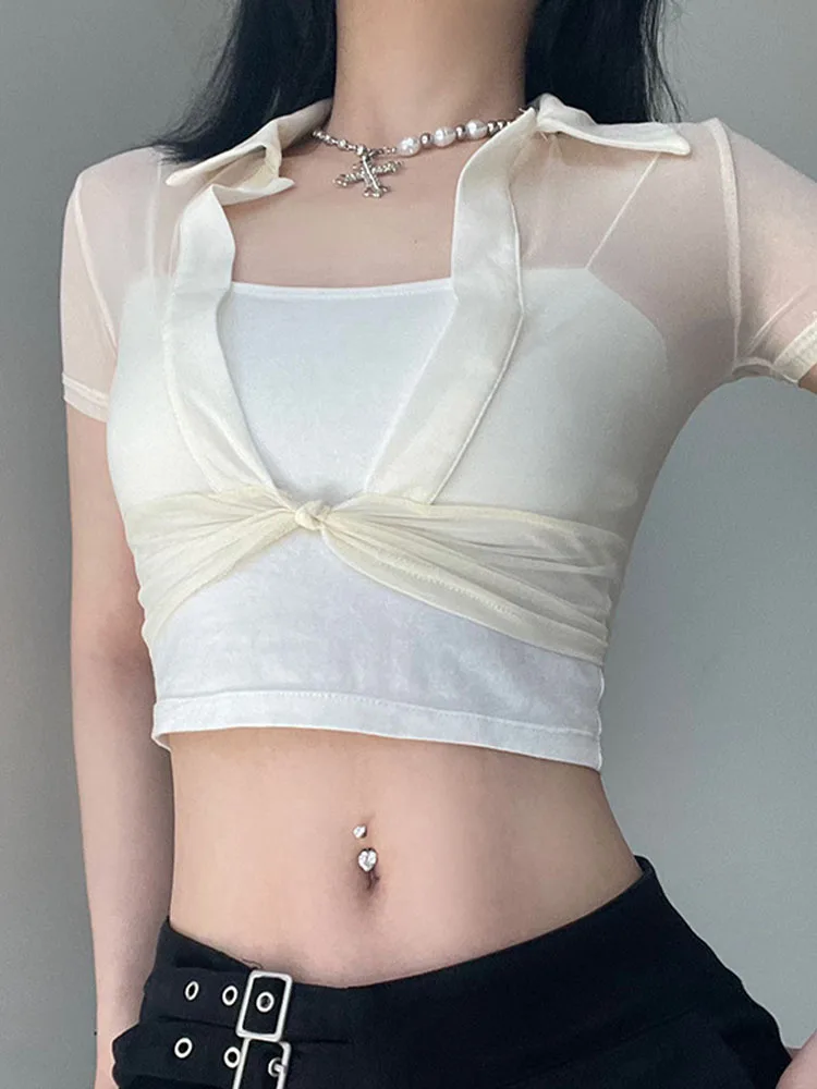 Transparent Mesh Crop Top Short Sleeve Split See Through T Shirt Wome Club Party Sexy V Neck Tees Streetwear y2k Casual - Image 3