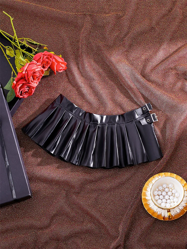 Sexy PU Leather Pleated Skirt Women Solid Basic Mini Skirt Low Waist Skirt Female Nightwear Micro Bikini Skirts Nightclub Skirts - Image 7