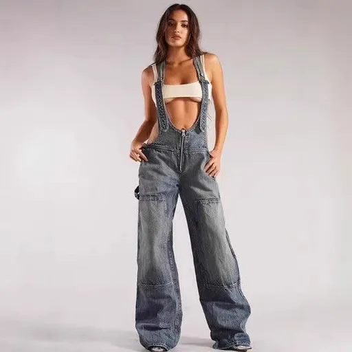 Women's Backpack Pants Street Style Low-waisted Strappy One-piece Wide-leg Jeans Ladies Personalized Hot Girl Pants 2025 New - Image 4