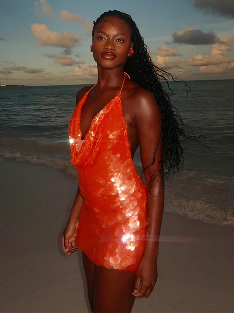 Fashion Halter Sequin Mini Dress Women V-neck Sleeveless Lace Up Backless Pleated Dresses 2025 Summer Chic Lady Beach Vestidos - Image 5