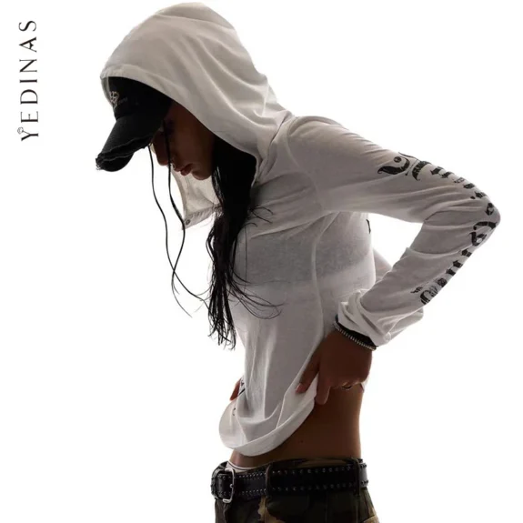Yedinas Hooded Graphic T Shirts Long Sleeve Gothic Autumn Tops 2000s Clothes Y2k Streetwear Youthful Woman Clothes Print Tees