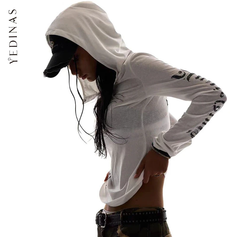 Yedinas Hooded Graphic T Shirts Long Sleeve Gothic Autumn Tops 2000s Clothes Y2k Streetwear Youthful Woman Clothes Print Tees