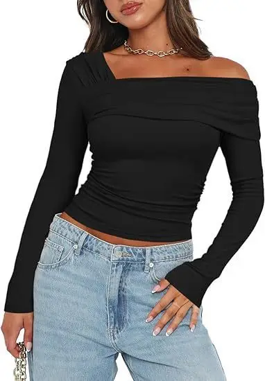 Fashionable Casual Women's Solid Color Single Shoulder Long Sleeved Top With Pleats For Outdoor Wear Slim Fit Y2K T-shirt Autumn - Image 10