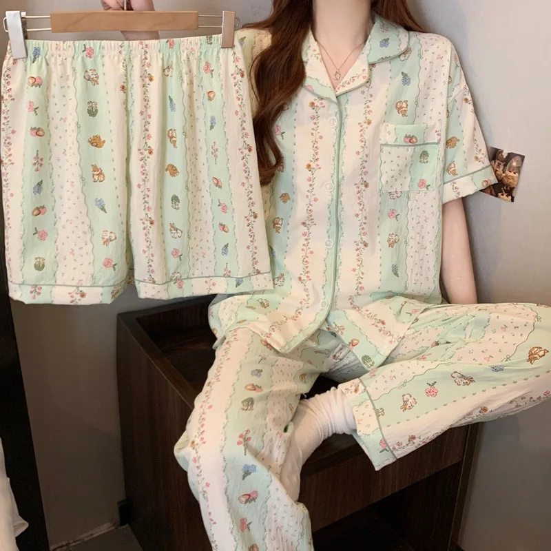 Women's Plus Size Pajamas Three-Piece Small Floral Short Sleeve Trousers Student Loungewear Cardigan Shorts Set Girl Nightwear - Image 4