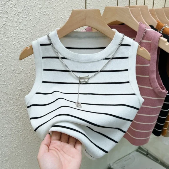 2025 Basic Bottoming Striped Chain Elasticity Vests Women Tank & Camis Summer Wild Crop Short Tops New