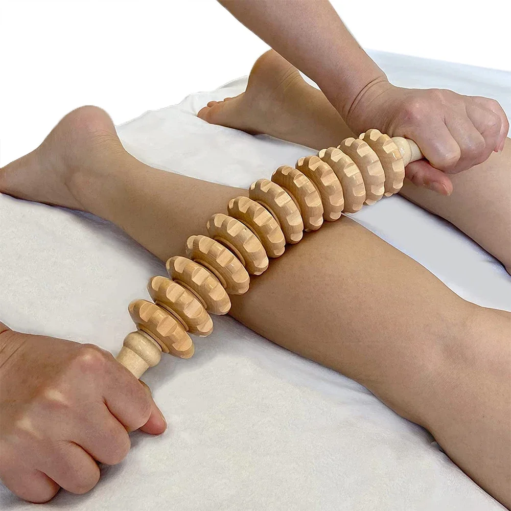 Body Fascia Massager Anti-slip Handle Wood Grooved Gear Arms Legs Thighs Buttocks Smooth Roller Massager for Back Relaxation - Image 4