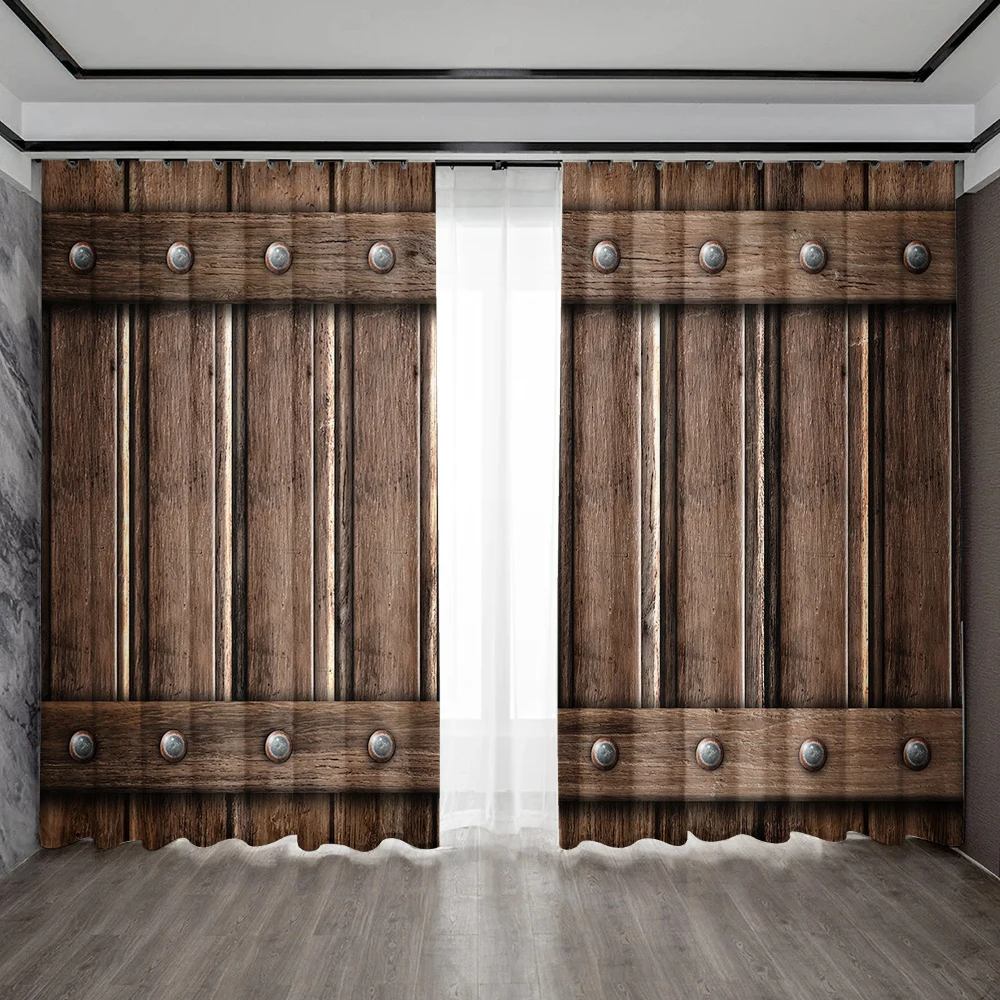 2PC Home Decoration Curtains, Retro Gray Brown Wooden Door With Rod Pocket Curtains, Kitchen, Coffee Shop, Living Room, Balcony - Image 8