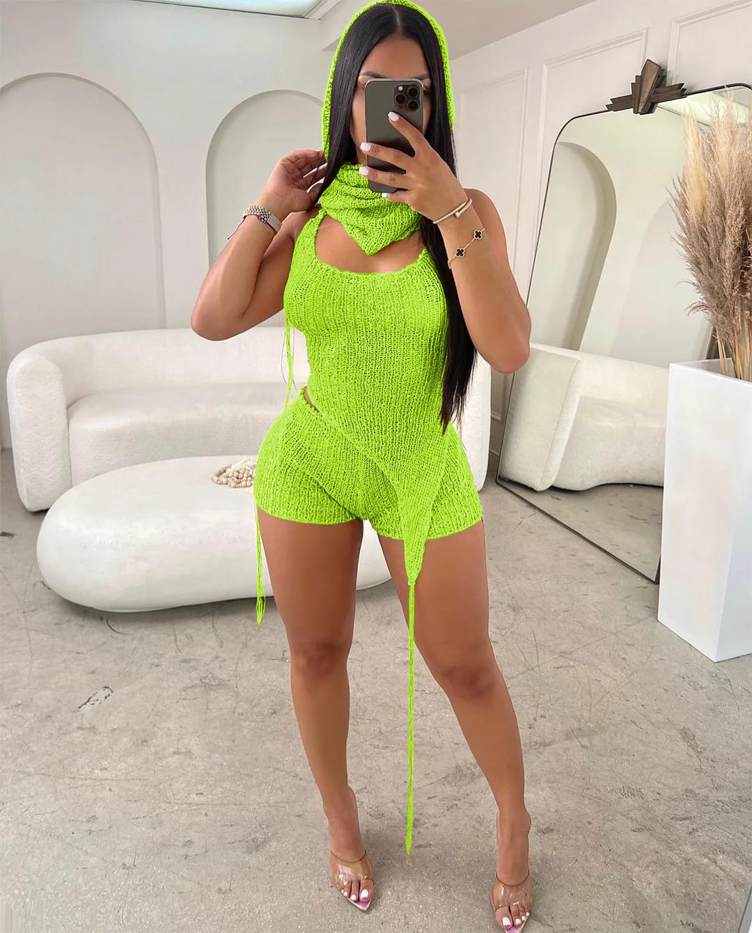 CM.YAYA Knit Ribbed Women's Set Halter Neck Backless Crop Top with Hat Shorts Suit 2023 Summer Two 2 Piece Set Outfit Tracksuit - Image 15