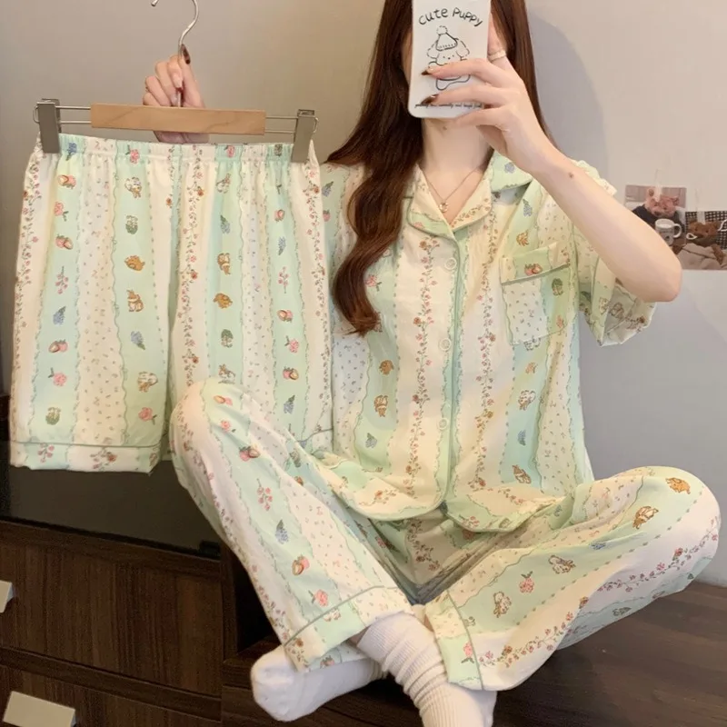 Women's Plus Size Pajamas Three-Piece Small Floral Short Sleeve Trousers Student Loungewear Cardigan Shorts Set Girl Nightwear - Image 2