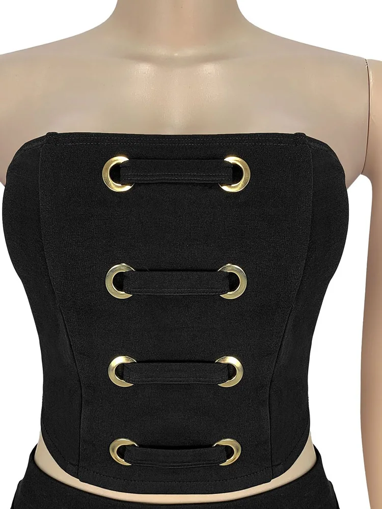 Bonnie Forest Women's Strapless Eyelet Lace Up Crop Top And Matching Skirt Set Glam Bandage Two-Piece Dress Night Club Vestidos - Image 6