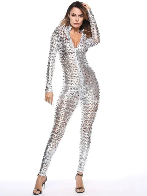 Wet Look Shiny PU Leather Catsuit Fish Scale Hollow Out Long Sleeve Zipper Open Crotch Bodysuit Tight Hot Sexy Clubwear Jumpsuit