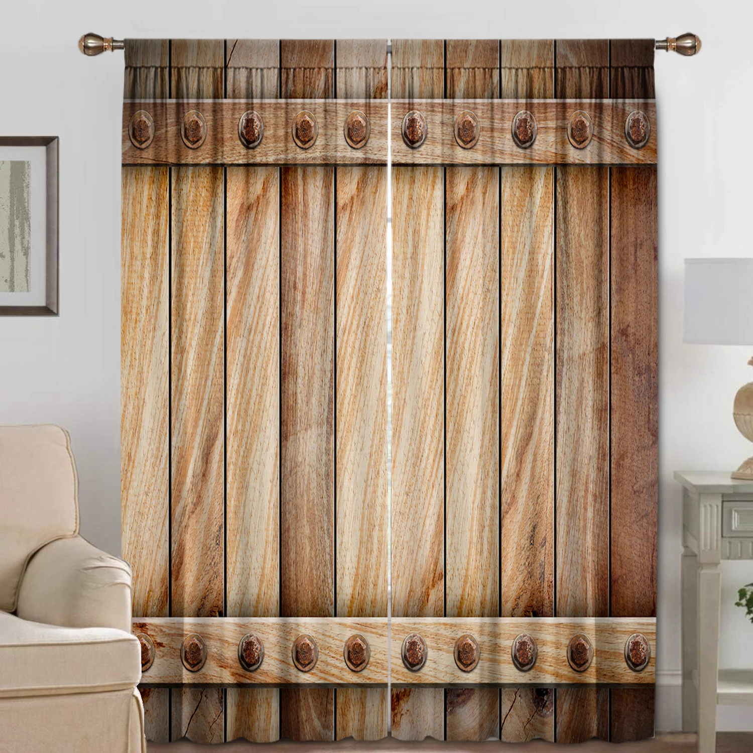 2PC Home Decoration Curtains, Retro Gray Brown Wooden Door With Rod Pocket Curtains, Kitchen, Coffee Shop, Living Room, Balcony - Image 3