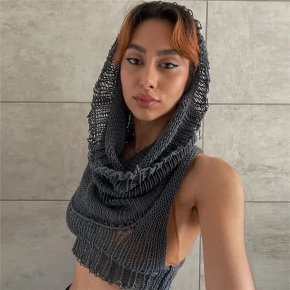 Knit Hooded Tank Top Y2K Women Solid Crochet Sleeveless Sexy Navel Camisole Stretch Skinny Street Hipster Wild Vest