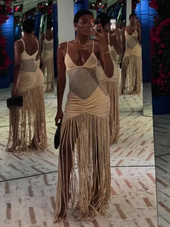 Hollow Out See-through Long Dress Women Holiday Tassels High Waist Sleeveless Strap Dresses Female Backless Evening Club  Robe