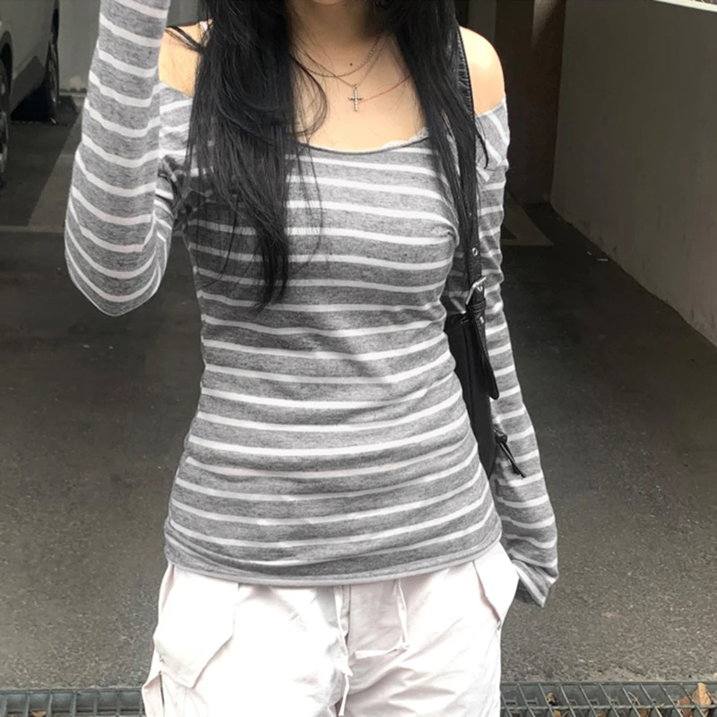 CIBBAR y2k Striped Print Crop Top Women Basic Autumn Winter Full Sleeve O Neck T-shirts Streetwear 90s Casual Tees Shirt Vintage - Image 4