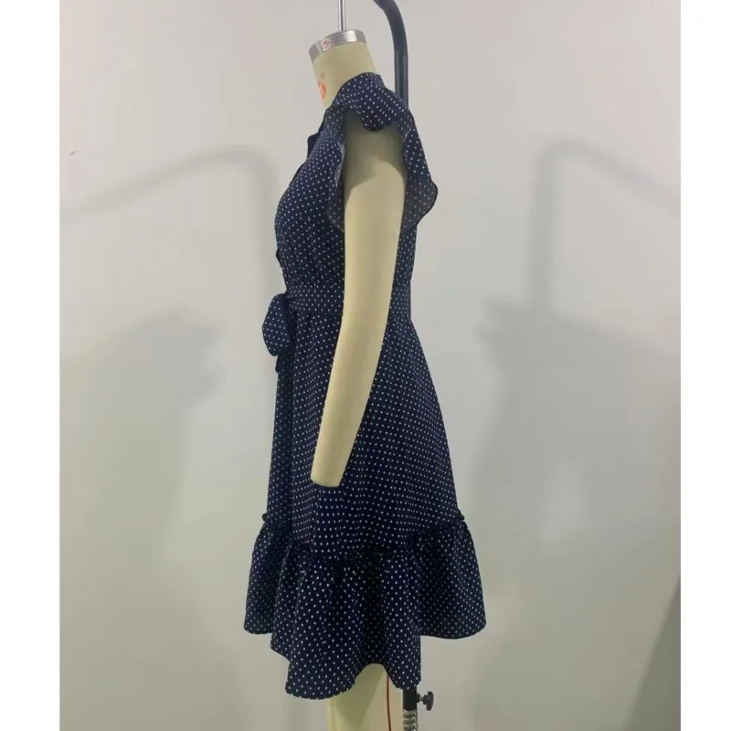 Women's Dot Mini Dress European And American Fashion And Elegant Belt Lotus Leaf Sleeve Dresses For Women Apricot Pink - Image 6