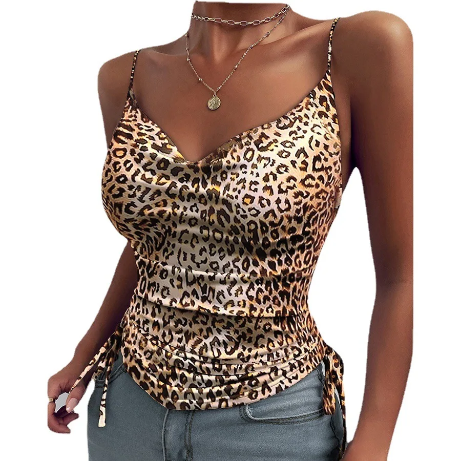 Women V Neck Sleeveless Slim Y2K Camisole Summer Lady Leopard Floral Print Lace Up Pleated Camis Tank Tops BYJFZ-BYJ107 - Image 5