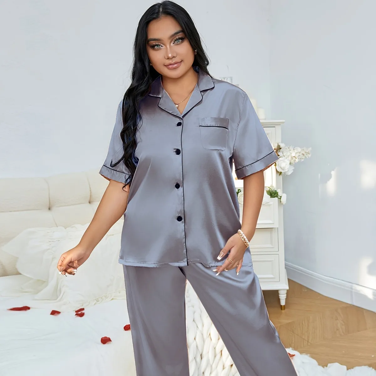 Plus Size 3XL 4XL 5XL Women's Sleepwear Pajamas Set Spring Summer Short Sleeve Trouser Suits Loungewear Loose Satin Homewear - Image 7