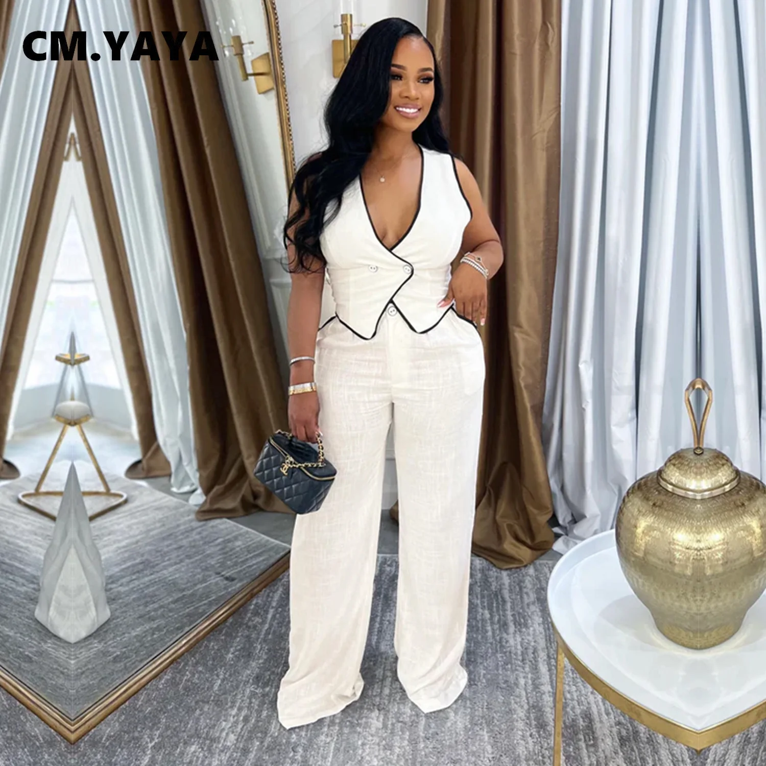 CM.YAYA Fashion Women's Set Strapless Vest Tops and Wide Leg Pants Suit 2025 Summer Street Two 2Piece Sets Outfit Tracksuit - Image 3
