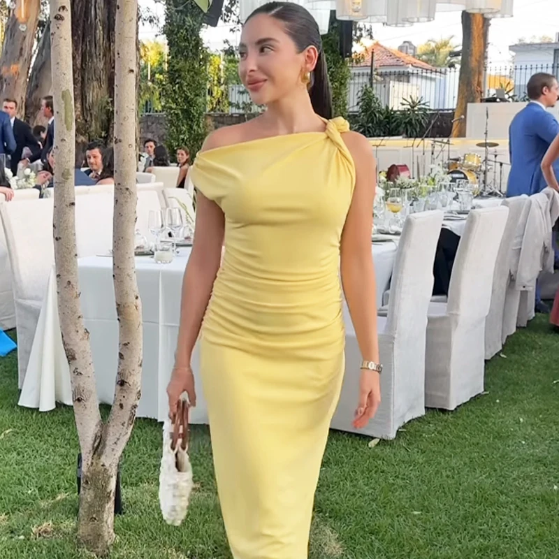 TRAF Yellow Elegant Midi Dresses 2025 Women's Spring Summer Off Shoulder Long Dresses Y2k Vintage Party Evening Dress Vestidos - Image 2