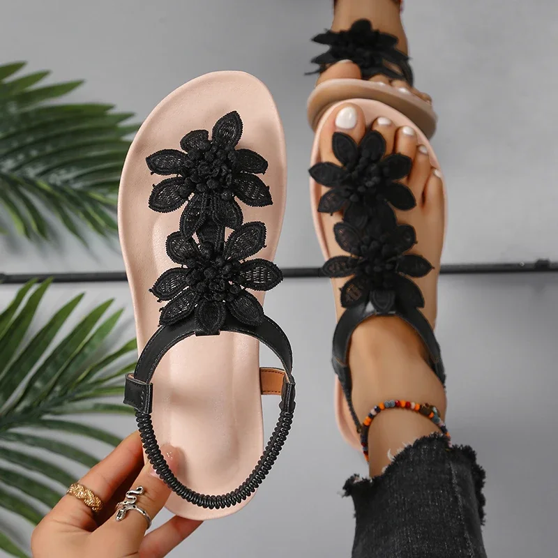 Fashion Shoes Woman White Floral Sandals Women's Clip Toe Sandals Flat Summer Casual Bohemia Flowers Slip on Beach Ladies Shoes - Image 8